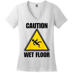 Caution Wet Floor Sign Funny Lazy Easy Halloween Costume Women's V-Neck T-Shirt