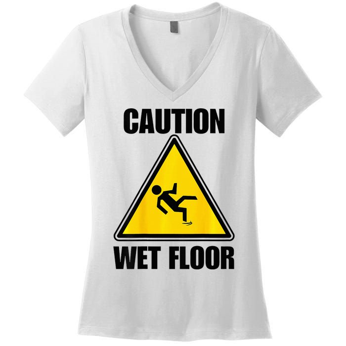 Caution Wet Floor Sign Funny Lazy Easy Halloween Costume Women's V-Neck T-Shirt