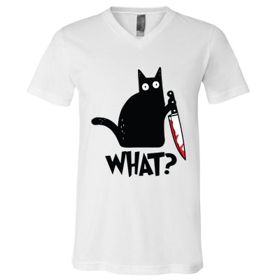 Cat What Funny Black Cat Murderous Cat With Knife V-Neck T-Shirt