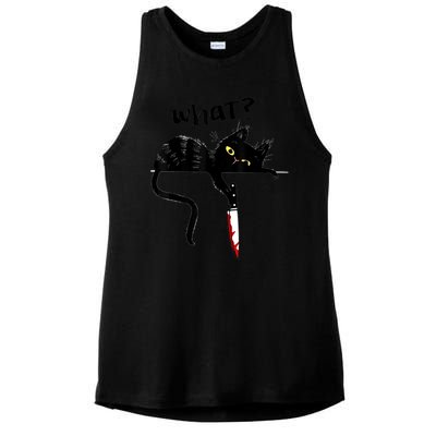 Cat What? Funny Black Cat Shirt, Murderous Cat With Knife Cute Design Ladies PosiCharge Tri-Blend Wicking Tank