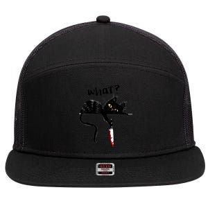 Cat What? Funny Black Cat Shirt, Murderous Cat With Knife Cute Design 7 Panel Mesh Trucker Snapback Hat