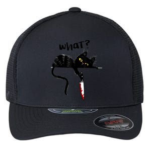 Cat What? Funny Black Cat Shirt, Murderous Cat With Knife Cute Design Flexfit Unipanel Trucker Cap