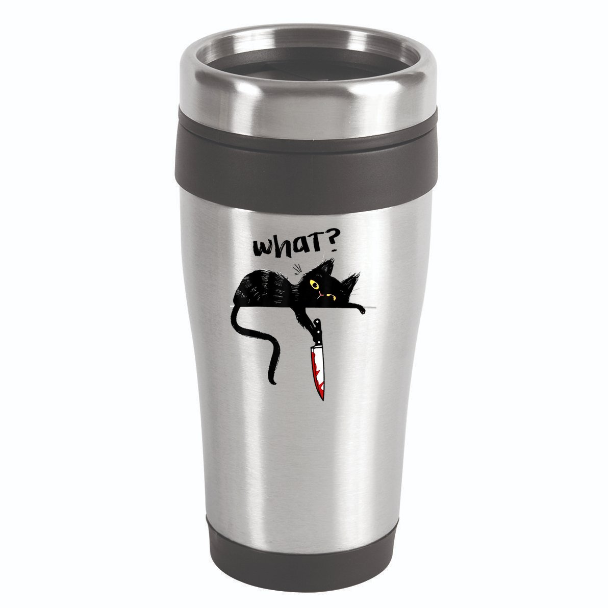 Cat What? Funny Black Cat Shirt, Murderous Cat With Knife Cute Design 16oz Travel Tumbler