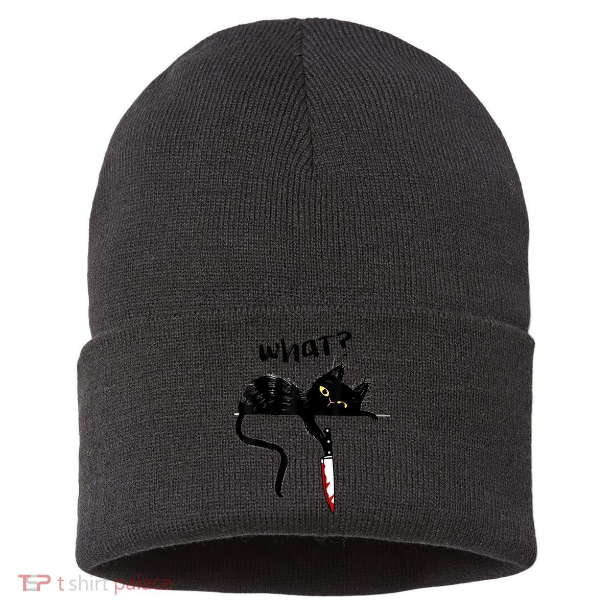 Cat What? Funny Black Cat Shirt, Murderous Cat With Knife Cute Design Sustainable Knit Beanie