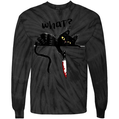 Cat What? Funny Black Cat Shirt, Murderous Cat With Knife Cute Design Tie-Dye Long Sleeve Shirt