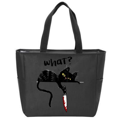 Cat What? Funny Black Cat Shirt, Murderous Cat With Knife Cute Design Zip Tote Bag