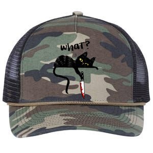 Cat What? Funny Black Cat Shirt, Murderous Cat With Knife Cute Design Retro Rope Trucker Hat Cap