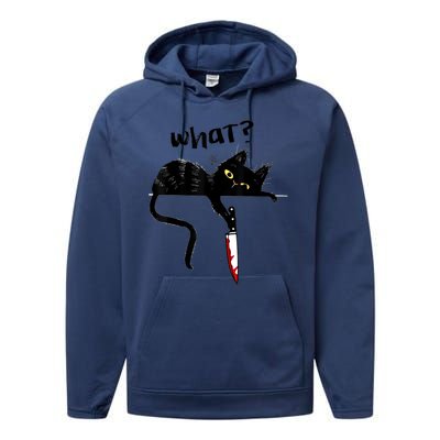 Cat What? Funny Black Cat Shirt, Murderous Cat With Knife Cute Design Performance Fleece Hoodie