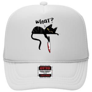 Cat What? Funny Black Cat Shirt, Murderous Cat With Knife Cute Design High Crown Mesh Back Trucker Hat