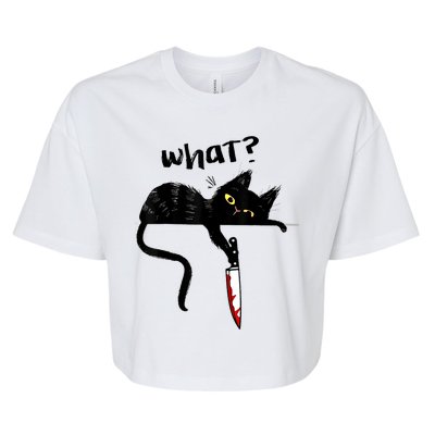 Cat What? Funny Black Cat Shirt, Murderous Cat With Knife Cute Design Bella+Canvas Jersey Crop Tee