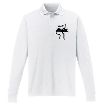 Cat What? Funny Black Cat Shirt, Murderous Cat With Knife Cute Design Performance Long Sleeve Polo