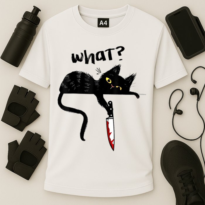 Cat What? Funny Black Cat Shirt, Murderous Cat With Knife Cute Design Cooling Performance Crew T-Shirt
