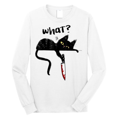 Cat What? Funny Black Cat Shirt, Murderous Cat With Knife Cute Design Long Sleeve Shirt