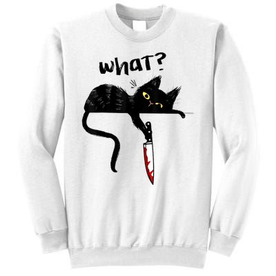 Cat What? Funny Black Cat Shirt, Murderous Cat With Knife Cute Design Sweatshirt