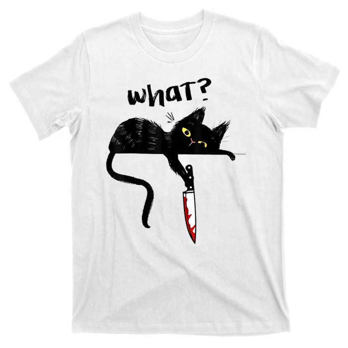 Cat What? Funny Black Cat Shirt, Murderous Cat With Knife Cute Design T-Shirt