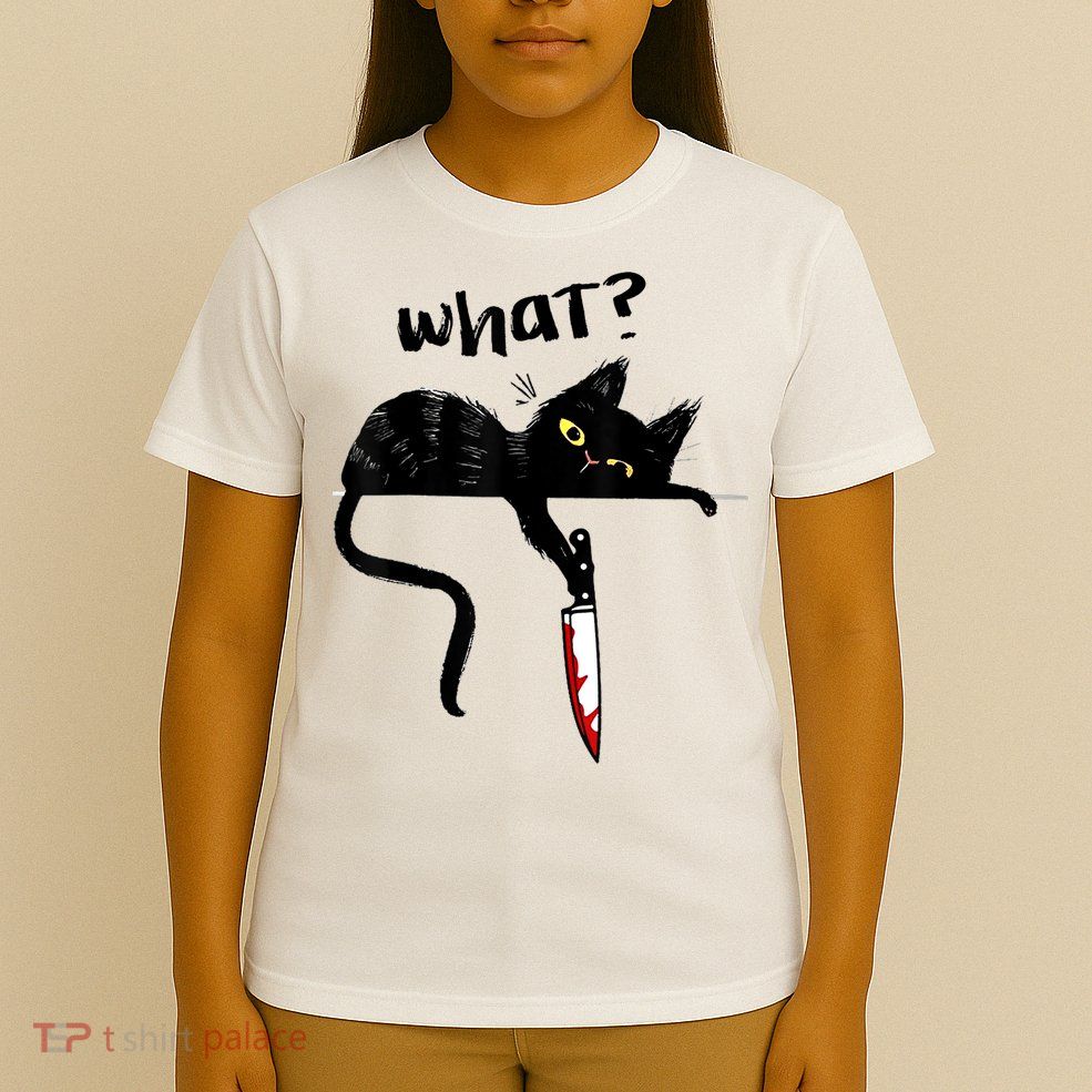 Cat What? Funny Black Cat Shirt, Murderous Cat With Knife Cute Design T-Shirt