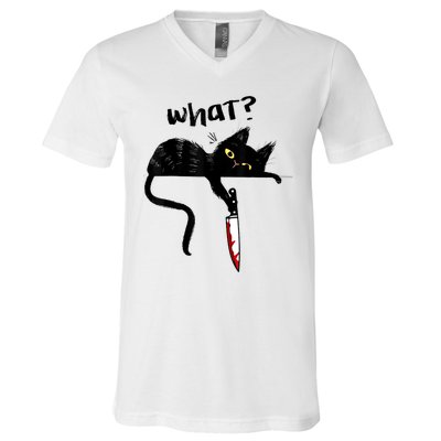 Cat What? Funny Black Cat Shirt, Murderous Cat With Knife Cute Design V-Neck T-Shirt