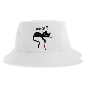 Cat What? Funny Black Cat Shirt, Murderous Cat With Knife Cute Design Sustainable Bucket Hat