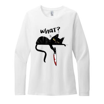 Cat What? Funny Black Cat Shirt, Murderous Cat With Knife Cute Design Womens CVC Long Sleeve Shirt