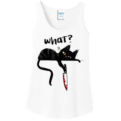 Cat What? Funny Black Cat Shirt, Murderous Cat With Knife Cute Design Ladies Essential Tank