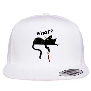 Cat What? Funny Black Cat Shirt, Murderous Cat With Knife Cute Design Flat Bill Trucker Hat