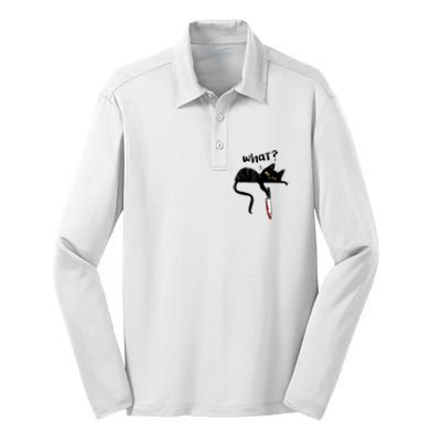 Cat What? Funny Black Cat Shirt, Murderous Cat With Knife Cute Design Silk Touch Performance Long Sleeve Polo