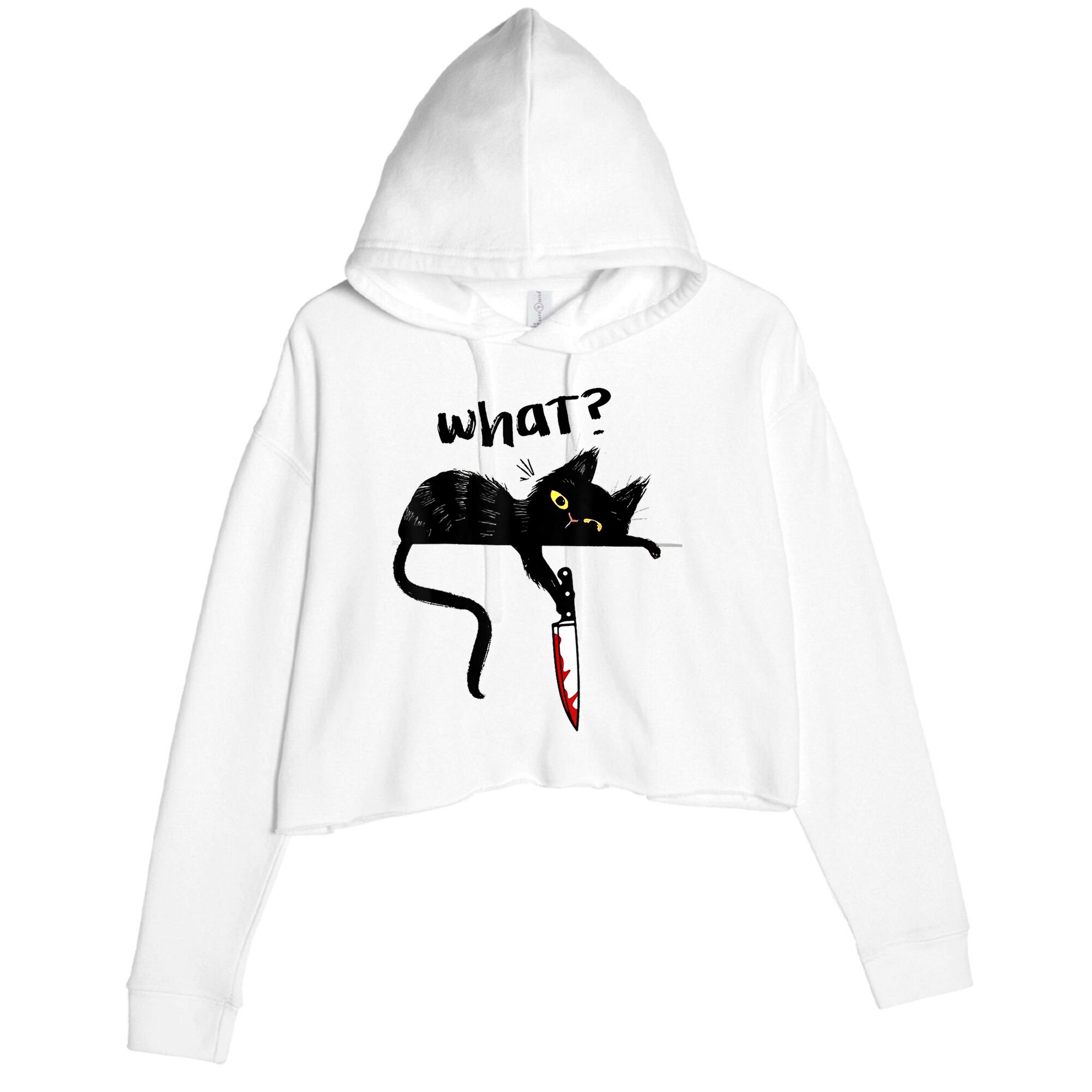 Cat What? Funny Black Cat Shirt, Murderous Cat With Knife Cute Design Crop Fleece Hoodie