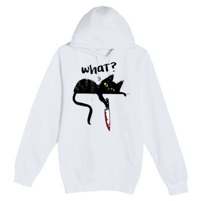 Cat What? Funny Black Cat Shirt, Murderous Cat With Knife Cute Design Premium Pullover Hoodie