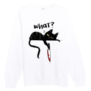 Cat What? Funny Black Cat Shirt, Murderous Cat With Knife Cute Design Premium Crewneck Sweatshirt