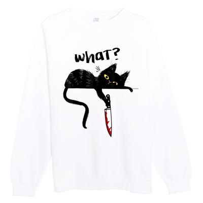 Cat What? Funny Black Cat Shirt, Murderous Cat With Knife Cute Design Premium Crewneck Sweatshirt