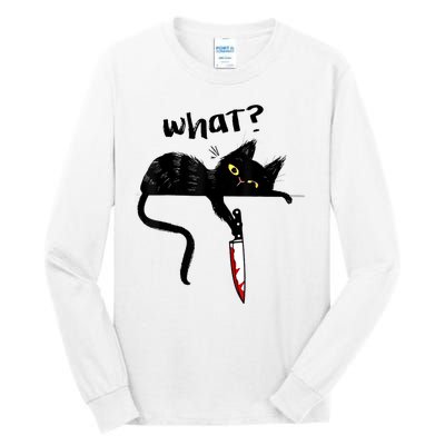 Cat What? Funny Black Cat Shirt, Murderous Cat With Knife Cute Design Tall Long Sleeve T-Shirt