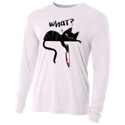 Cat What? Funny Black Cat Shirt, Murderous Cat With Knife Cute Design Cooling Performance Long Sleeve Crew