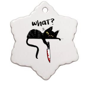 Cat What? Funny Black Cat Shirt, Murderous Cat With Knife Cute Design Ceramic Star Ornament