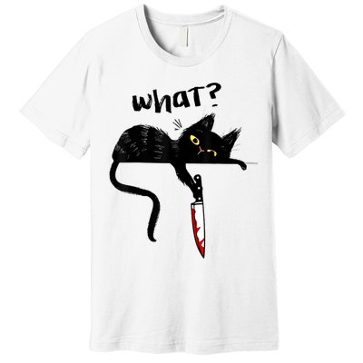 Cat What? Funny Black Cat Shirt, Murderous Cat With Knife Cute Design Premium T-Shirt