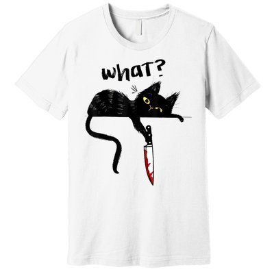 Cat What? Funny Black Cat Shirt, Murderous Cat With Knife Cute Design Premium T-Shirt