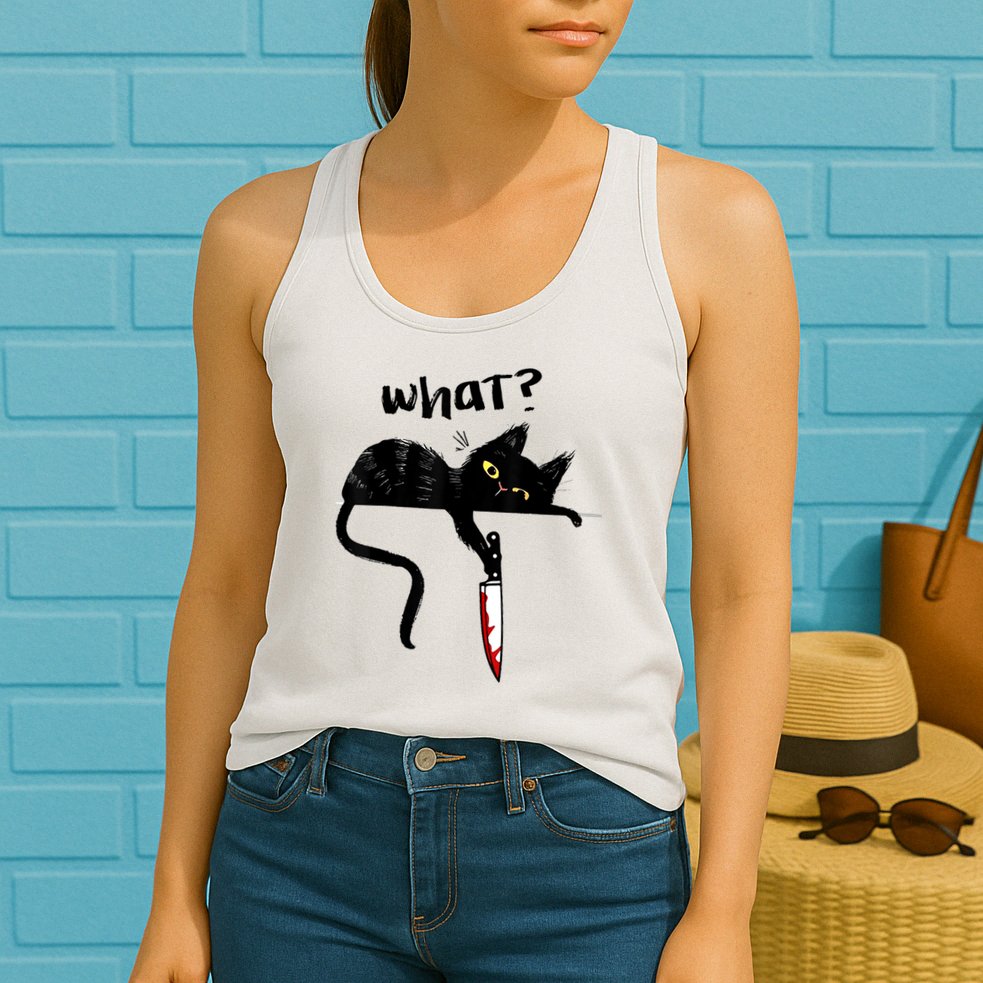 Cat What? Funny Black Cat Shirt, Murderous Cat With Knife Cute Design Womens Tank Top