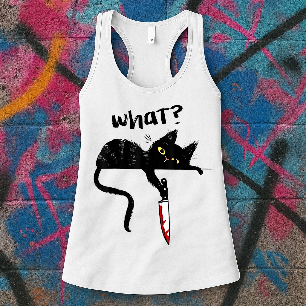 Cat What? Funny Black Cat Shirt, Murderous Cat With Knife Cute Design Womens Tank Top