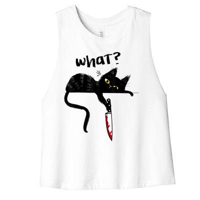 Cat What? Funny Black Cat Shirt, Murderous Cat With Knife Cute Design Women's Racerback Cropped Tank