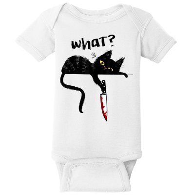 Cat What? Funny Black Cat Shirt, Murderous Cat With Knife Cute Design Baby Bodysuit