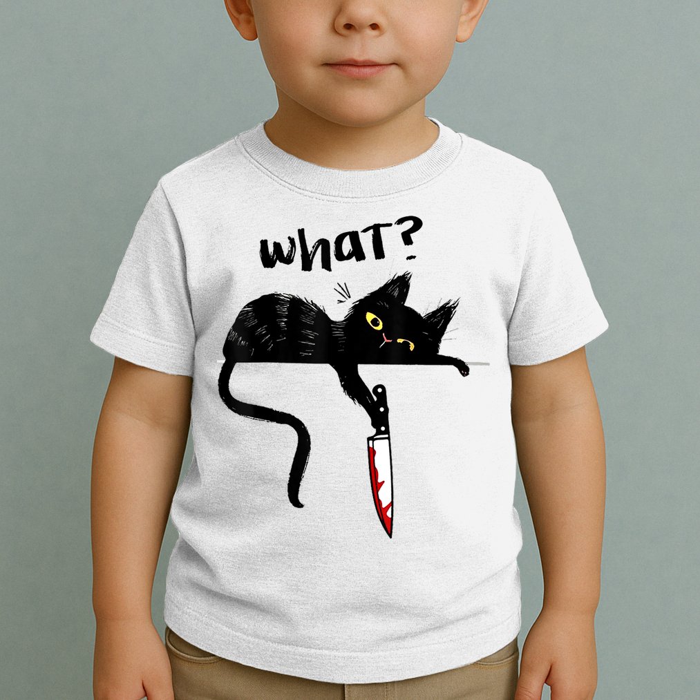 Cat What? Funny Black Cat Shirt, Murderous Cat With Knife Cute Design Toddler T-Shirt