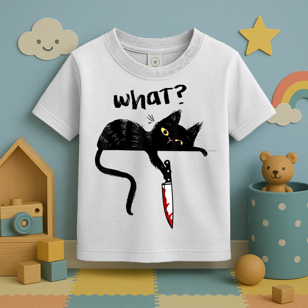 Cat What? Funny Black Cat Shirt, Murderous Cat With Knife Cute Design Toddler T-Shirt