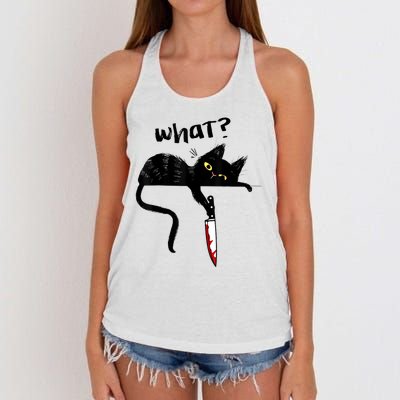 Cat What? Funny Black Cat Shirt, Murderous Cat With Knife Cute Design Women's Knotted Racerback Tank