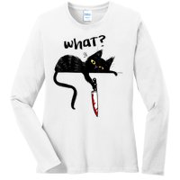 Cat What? Funny Black Cat Shirt, Murderous Cat With Knife Cute Design Ladies Long Sleeve Shirt