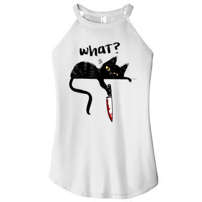 Cat What? Funny Black Cat Shirt, Murderous Cat With Knife Cute Design Women’s Perfect Tri Rocker Tank