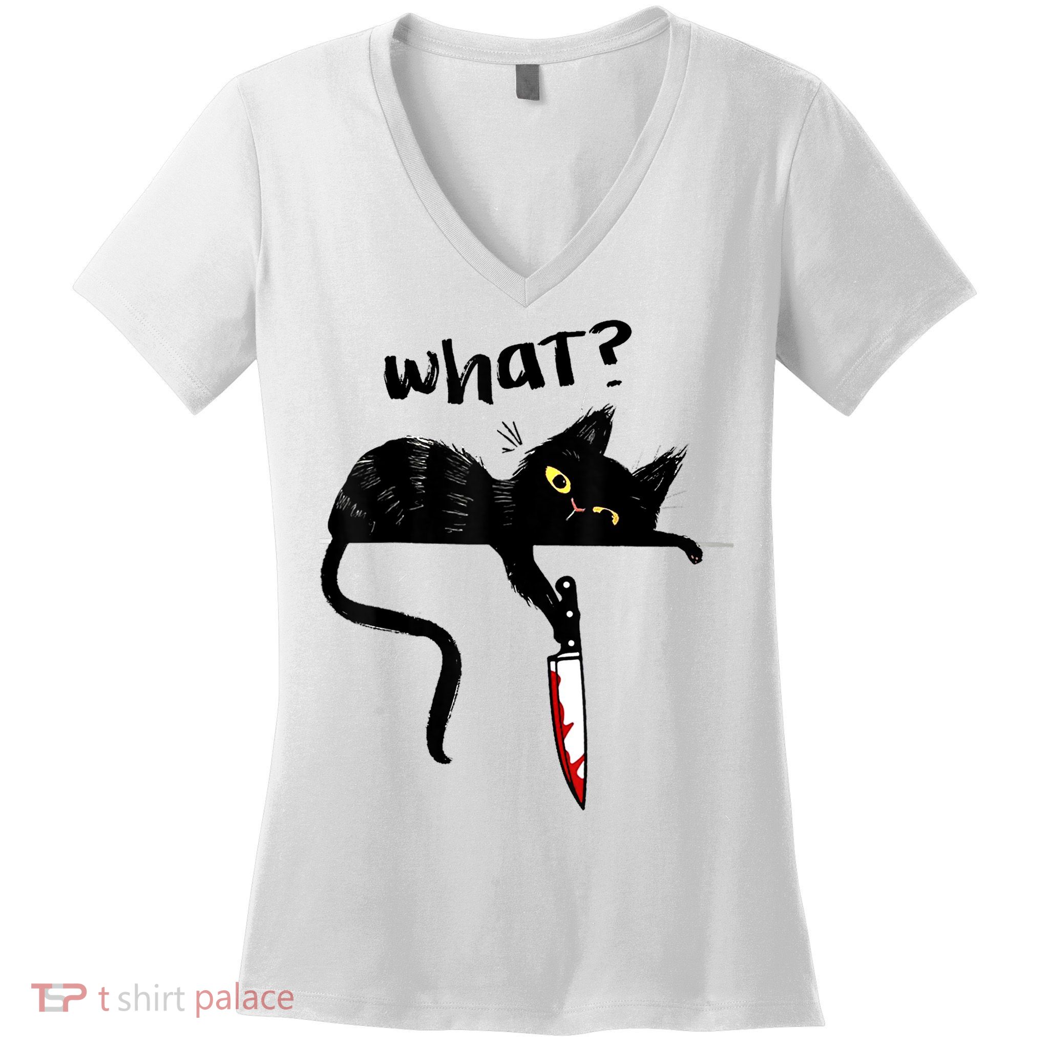 Cat What? Funny Black Cat Shirt, Murderous Cat With Knife Cute Design Women's V-Neck T-Shirt