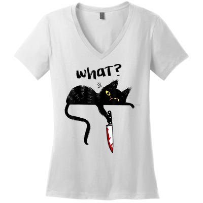 Cat What? Funny Black Cat Shirt, Murderous Cat With Knife Cute Design Women's V-Neck T-Shirt