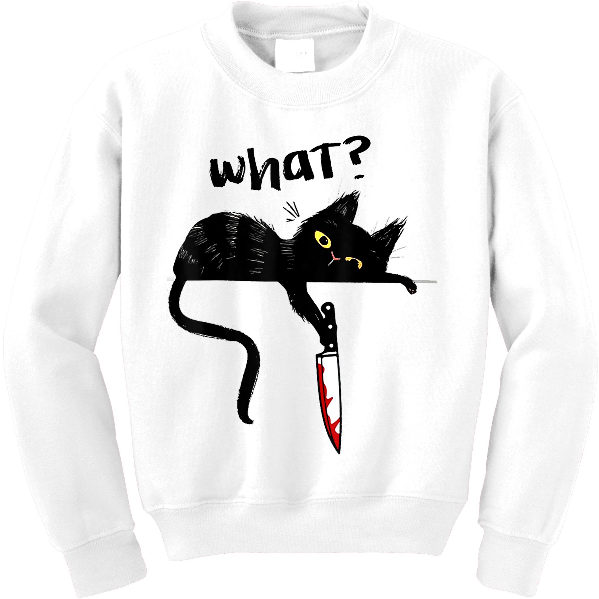 Cat What? Funny Black Cat Shirt, Murderous Cat With Knife Cute Design Kids Sweatshirt