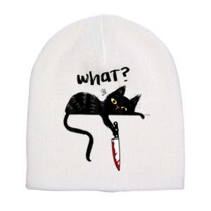 Cat What? Funny Black Cat Shirt, Murderous Cat With Knife Cute Design Short Acrylic Beanie