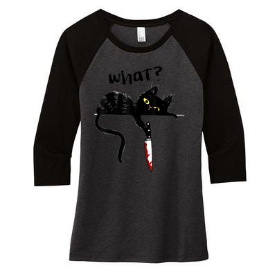 Cat What? Funny Black Cat Shirt, Murderous Cat With Knife Cute Design Women's Tri-Blend 3/4-Sleeve Raglan Shirt