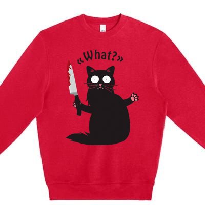 Cat What Funny Black Cat Fun Murderous Cat With Knife Premium Crewneck Sweatshirt